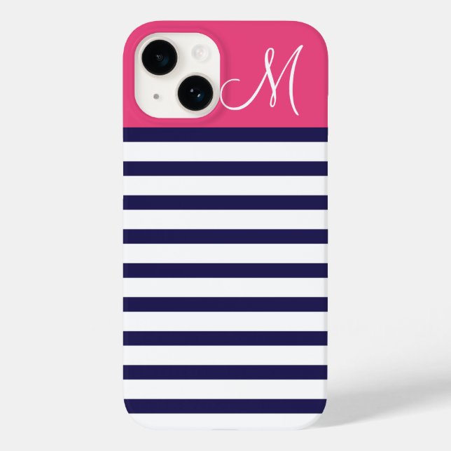 Navy Blue and Pink Preppy Strips Custom Monogram title_seo2 (Rückseite)