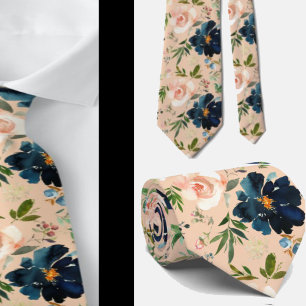 Navy Blue and Pink Watercolor Floral Rose Neck T Krawatte