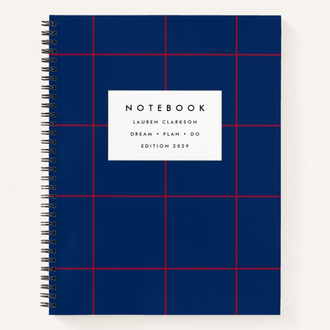 Navy Blue and Red Grid Notebook Notizbuch (Vorderseite)