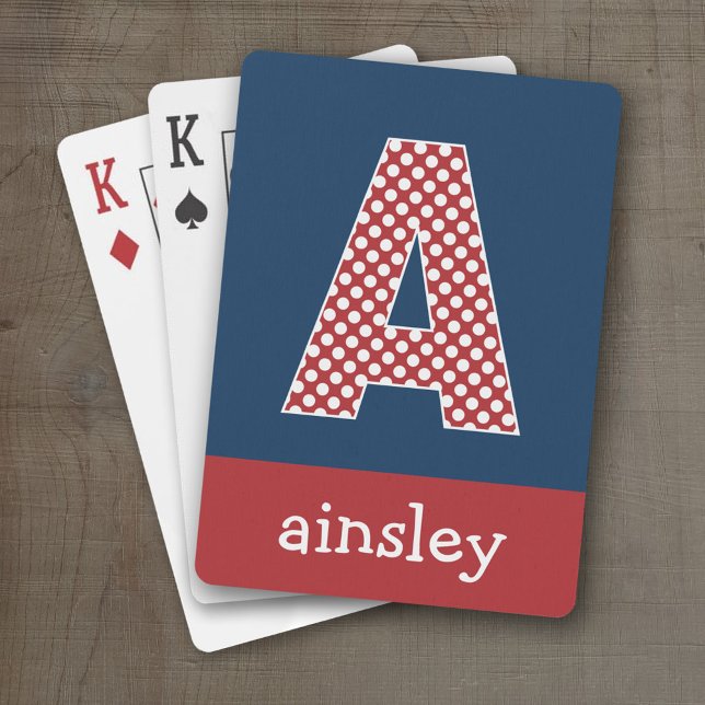 Navy Blue and Red Polka Dots Custom Monogram Spielkarten (Personalized Playing Cards - Huge Monogram)