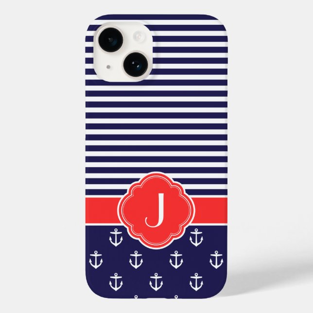Navy Blue and Red Preppy Naugram Monogram Case-Mate iPhone Hülle (Rückseite)