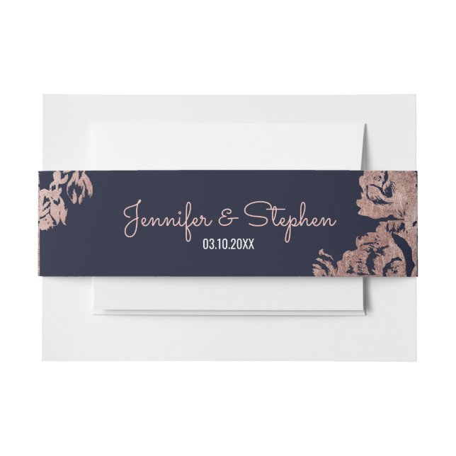 Navy Blue and Rose Gold Floral Bauchband Einladungsbanderole (Vorderseite Beispiel)