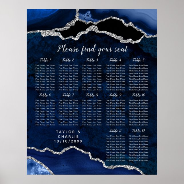 Navy Blue and Silver Agate Wedding Seating Chart Poster (Vorne)
