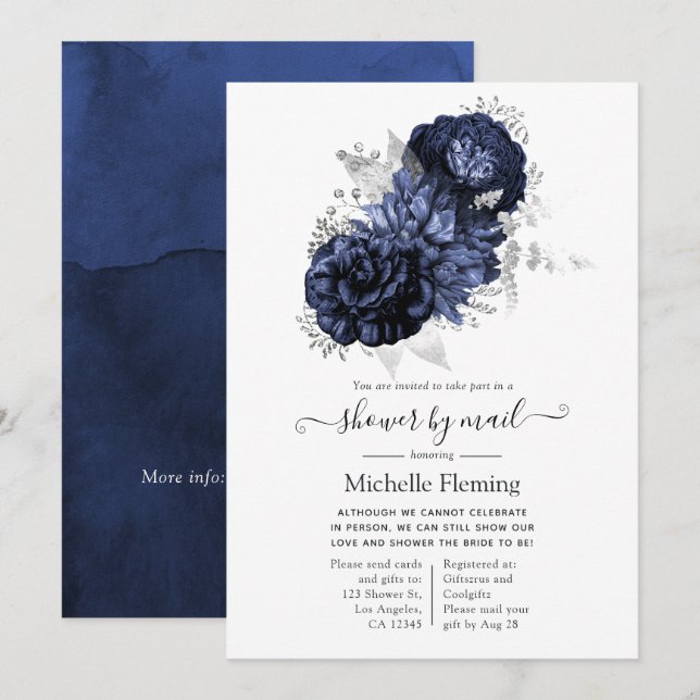 Navy Blue and Silver Floral Shows by Mail Einladung (Vorne/Hinten)