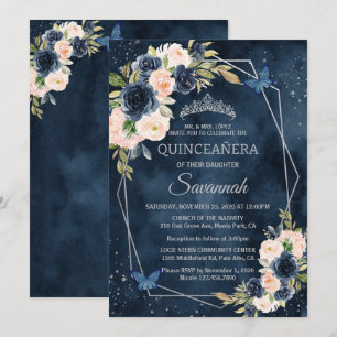 Navy Blue and Silver Rose Elegante Quinceanera Einladung