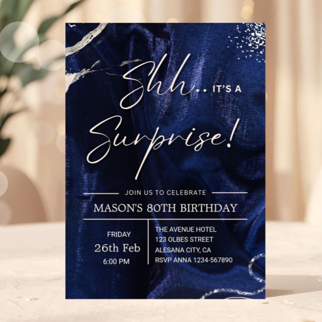 Navy Blue and Silver Surprise Party Einladung (surprise birthday invitation, 80th birthday invite, navy blue gold invitation, elegant birthday invi)