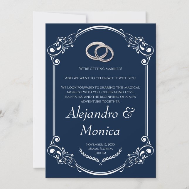 Navy Blue and Silver Wedding Ring Invitation (Devant)