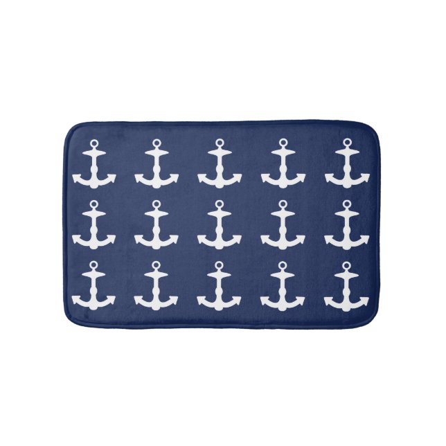 Navy Blue and White Anchtern Muster Badematte (Vorderseite)