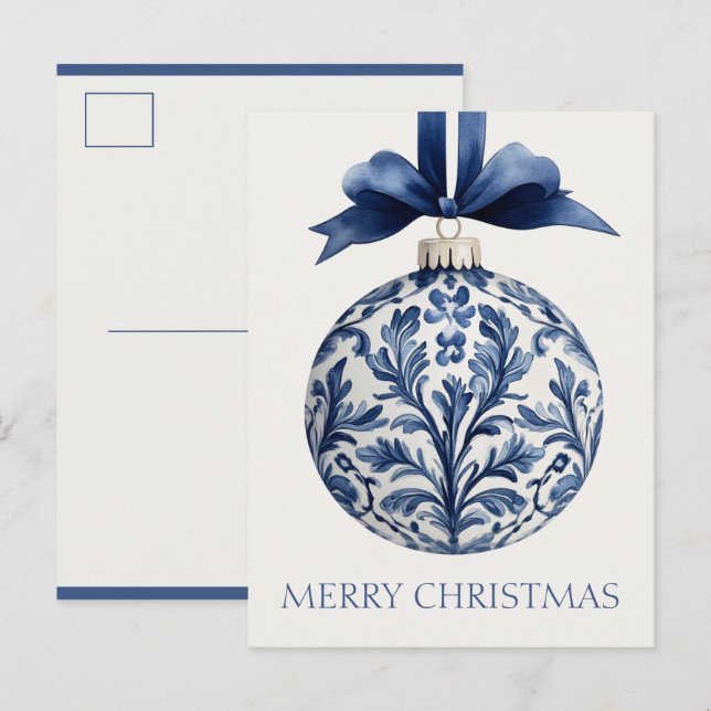Navy Blue and White Chinoiserie Christmas Ornament Postkarte (Vorne/Hinten)