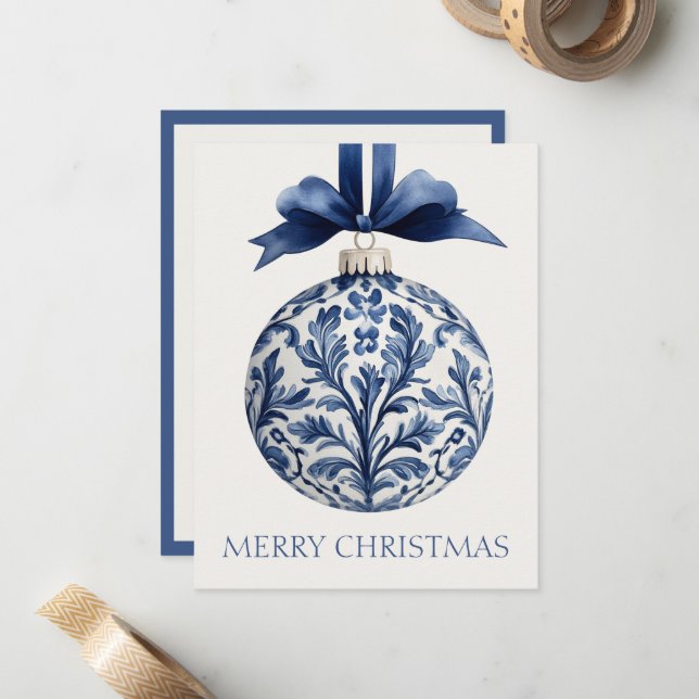 Navy Blue and White Chinoiserie Weihnachtsschmuck Mitteilungskarte (Vorderseite/Rückseite Beispiel)