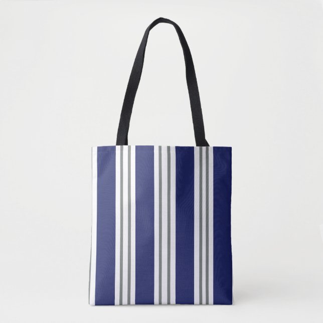 Navy Blue and White Coastal Stripes Tasche (Vorderseite)