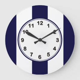 Navy Blue and White Extra Large Stripe Pattern Große Wanduhr
