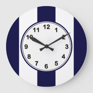 Navy Blue and White Extra Large Stripe Pattern Große Wanduhr