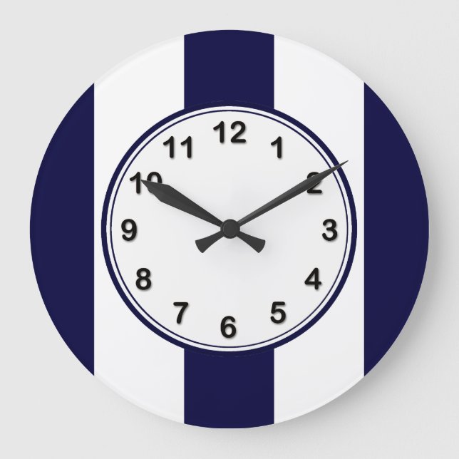 Navy Blue and White Extra Large Stripe Pattern Große Wanduhr (Vorderseite)