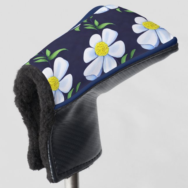 Navy Blue and White Floral Muster Golf Headcover (3/4 Vorderseite)