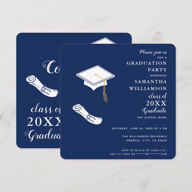 Navy Blue and White Foto Class 2025 Abschluss Einladung (Vorne/Hinten)