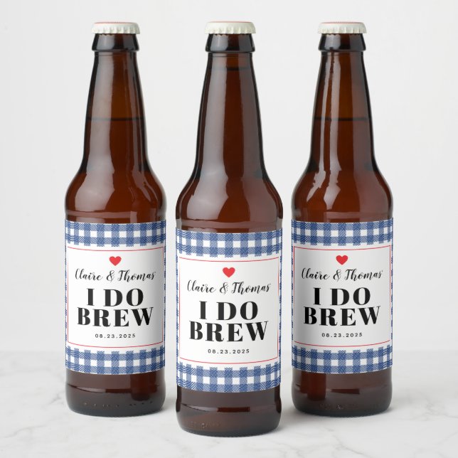 Navy Blue and White Gingham I Do Brew Wedding Bierflaschenetikett (Flaschen)