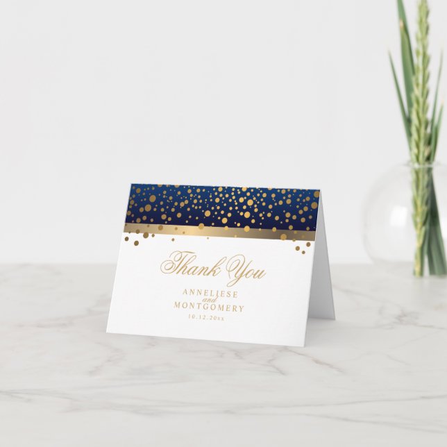 Navy Blue and White Gold Confetti Dots - Vielen Da Dankeskarte (Vorderseite)