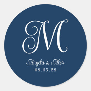 Navy Blue and White Hübsch Curly Wedly Monogram Runder Aufkleber