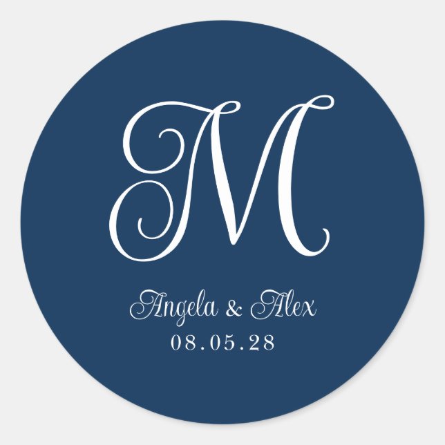 Navy Blue and White Hübsch Curly Wedly Monogram Runder Aufkleber (Vorderseite)