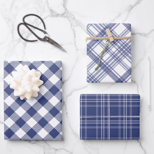 Navy Blue and White Kariert Wrapping Paper Set 3 Geschenkpapier Set (Vorderseite)