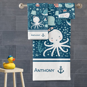 Navy Blue and White Nautical Muster Boy Bad Badhandtuch Set