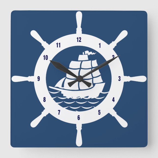 Navy Blue And White Nautical Wheel Quadratische Wanduhr (Vorderseite)