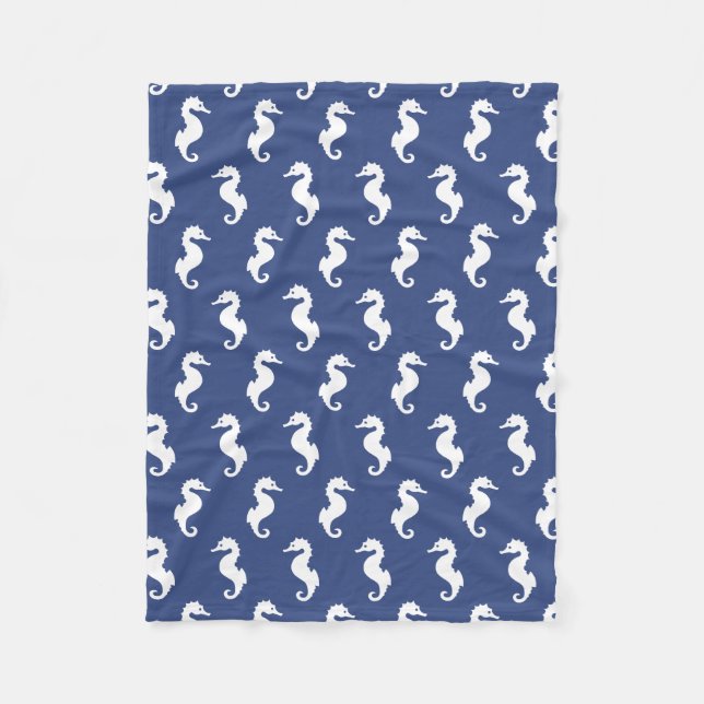 Navy Blue and White Seepferd Muster Fleecedecke (Vorderseite)