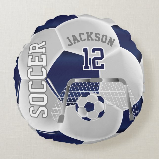 Navy Blue and White Soccer | DIY Name Rundes Kissen (Vorderseite)