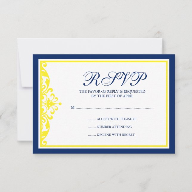 Navy Blue and Yellow Blüh RSVP Karte (Vorderseite)