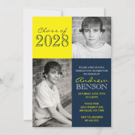 Navy Blue and Yellow Classic 2 Foto Abschluss Einladung