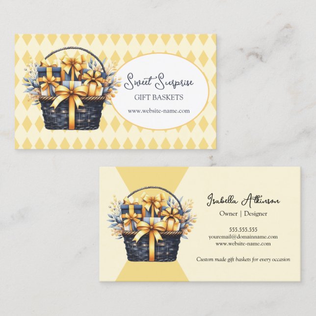 Navy Blue and Yellow Gift Basket Visitenkarte (Vorne/Hinten)