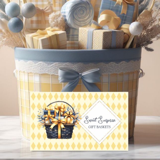 Navy Blue and Yellow Gift Basket Visitenkarte (Promote your gift basket business with this navy blue and yellow gift basket business card.)