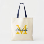 Navy blue and yellow monogram wedding tote bag tragetasche<br><div class="desc">Navy blue and yellow wedding tote bag with personalized monogram. Vintage chic style design. Customize for bridesmaids,  flower girls,  maid of honor,  mother of the bride,  guests etc. Elegant script text for name. Gold yellow name initial.</div>