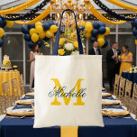 Navy blue and yellow monogram wedding tote bag tragetasche<br><div class="desc">Navy blue and yellow wedding tote bag with personalized monogram. Vintage chic style design. Customize for bridesmaids,  flower girls,  maid of honor,  mother of the bride,  guests etc. Elegant script text for name. Gold yellow name initial.</div>