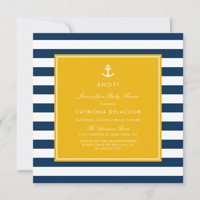 Navy Blue and Yellow Nautical Stripes Baby Dusche Einladung (Vorderseite)