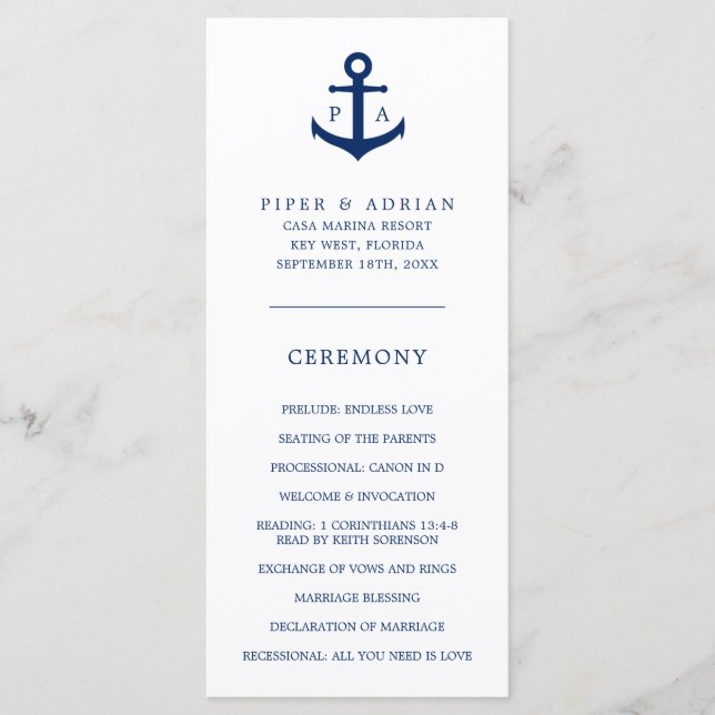 Navy-Blue-Anker-Monogramm Nautische Hochzeit Programm (Vorderseite)