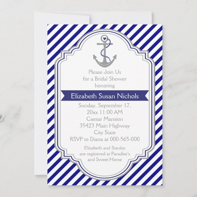 Navy-Blue-Anker nautische Hochzeitsreise-Brautpart Einladung (Vorderseite)