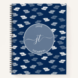 Navy Blue Antique Blätter Muster Monogram Notizbuch
