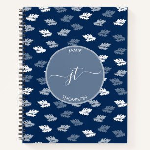 Navy Blue Antique Blätter Muster Monogram Notizbuch
