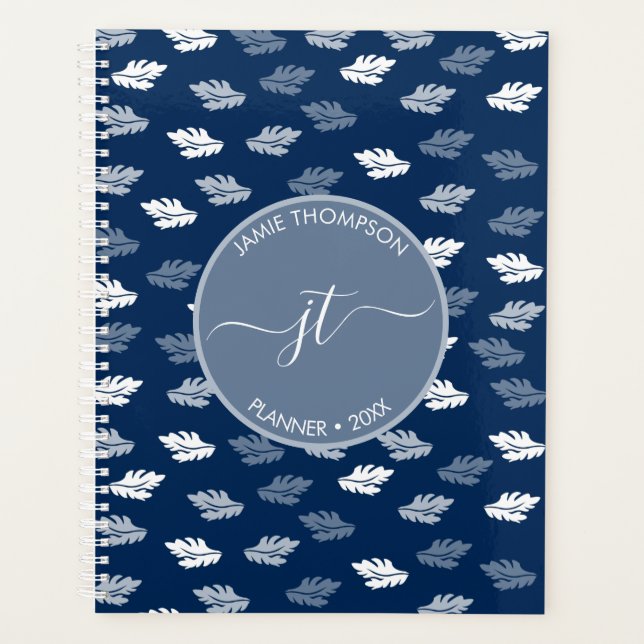 Navy Blue Antique Blätter Muster Monogram Planer (Vorderseite)