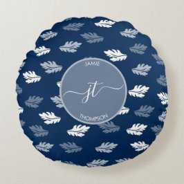 Navy Blue Antique Blätter Muster Monogram Rundes Kissen