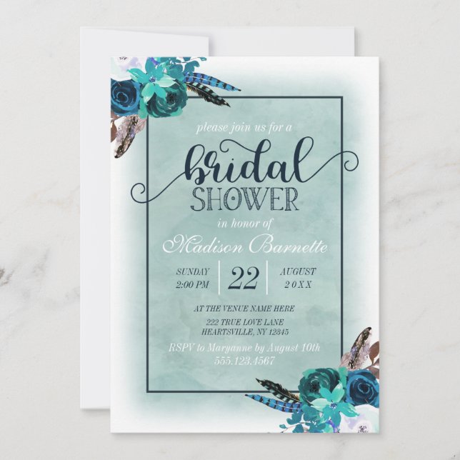 Navy Blue Aqua Aqua Bridal Dusche Einladung (Vorderseite)