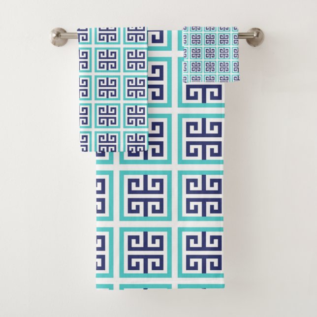 Navy Blue Aqua Griechisches Muster Badhandtuch Set (Insitu)