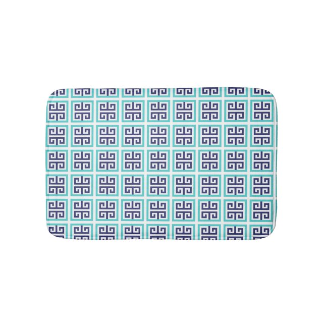Navy Blue Aqua Türkisblaues griechisches Schlüssel Badematte (Vorderseite)