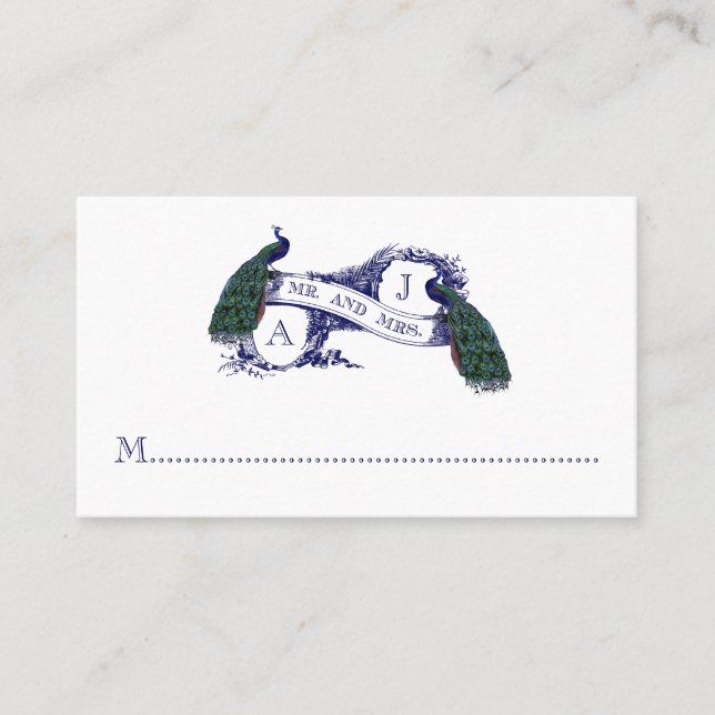 Navy Blue, Aquamarin Peacock Wedding Platzkarte (Vorderseite)