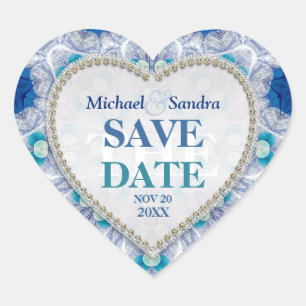 Navy Blue + Aquamarin-Save the Date-Aufkleber Herz-Aufkleber