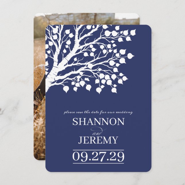 Navy Blue Aspen Tree Wedding Save The Date (Vorne/Hinten)