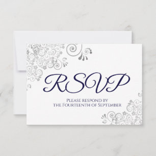 Navy Blue auf White Elegant Silver Lace Wedding RSVP Karte