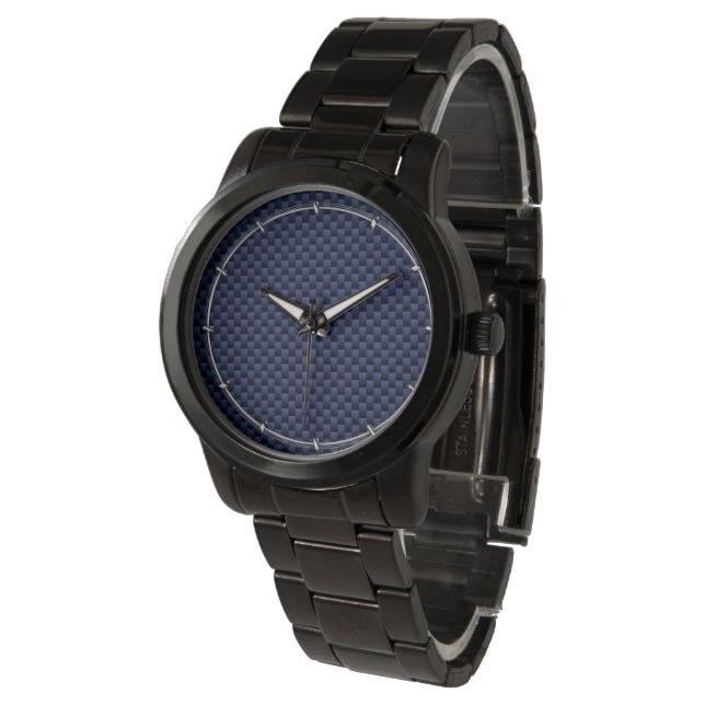 Navy Blue Automotive Carbon Fibre Weave Print Armbanduhr (Schrägansicht)